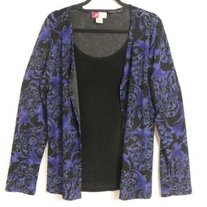 JM Collection Womens Cardigan Top L Blue Black Damask Lace Whimsigoth Victorian